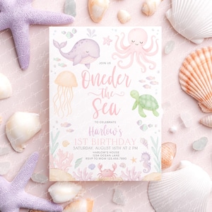 Oneder the Sea Birthday Invitation, Under the Sea Editable Template, 1st Birthday Invite, Ocean Animals Girls Oneder the Sea Invite, BD153 bild 2