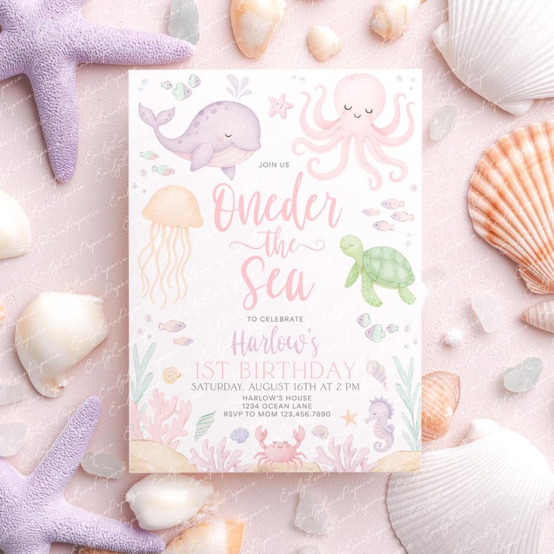 Oneder the Sea Birthday Invitation, Under the Sea Editable Template, 1st Birthday Invite, Ocean Animals Girls Oneder the Sea Invite, BD153 bild 2
