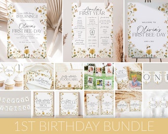 First Bee Day Birthday Invitation Bundle, 1st Bee Day Invitation, Girl 1st Birthday, First Birthday Decorations, Bee Birthday Bundle