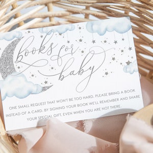 Moon Stars Boeken voor Baby Card, Blue Over the Moon Boeken voor Baby Card Insert, Boeken voor Baby Insert, Silver Twinkle Star Baby Shower, BBS73