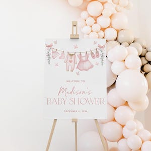 Babyparty Willkommensschild, Rosa Baby Wäscheleine Babyparty Willkommensschild, Mädchen-Babyparty, Wäscheleine-Babyparty, druckbares Schild, BBS118