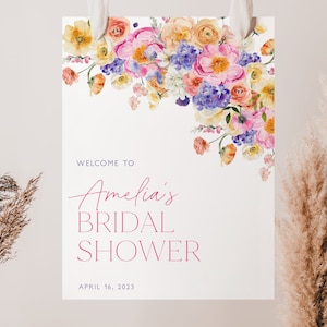 Floral Bridal Shower Welcome Sign Template, Spring Bridal Shower Welcome Poster, Pink Purple Bridal Shower Welcome Sign DIY, Editable, BS35
