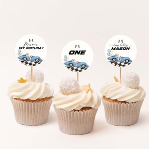 Fast One Birthday Cupcake Toppers, Blue Race Car Birthday Cupcake Toppers, 1st Birthday Cupcake Toppers, Fast One Birthday, Editable, BD44
