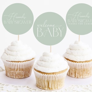 Sage Green Baby Shower Cupcake Toppers, Boho Baby Shower Cupcake Toppers, Minimal Baby Shower Cupcake Toppers, Green Baby Shower, BBS16