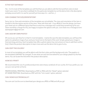 May include: FAQ page with information about a digital template. The text includes information about editing the text, adding photos, and printing options. The text also includes the email address emilylanepaperie@gmail.com.