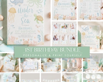 Under the Sea Birthday Invitation Bundle: Ocean Animals, Canva Template (Digital Download)
