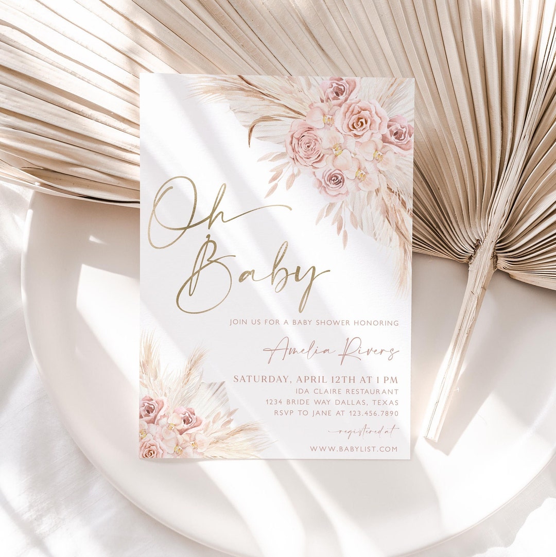 Pink Boho Floral Baby Shower Invitation, Oh Baby Shower Invite, Girl