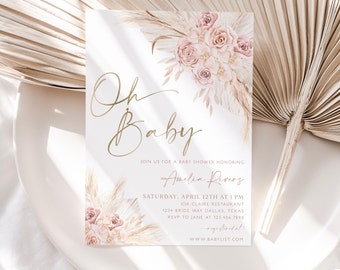Pink Boho Floral Baby Shower Invitation, Oh Baby Shower Invite, Girl Baby Shower Invite, Boho Oh Baby, Pink Boho Invitation Template, BBS39