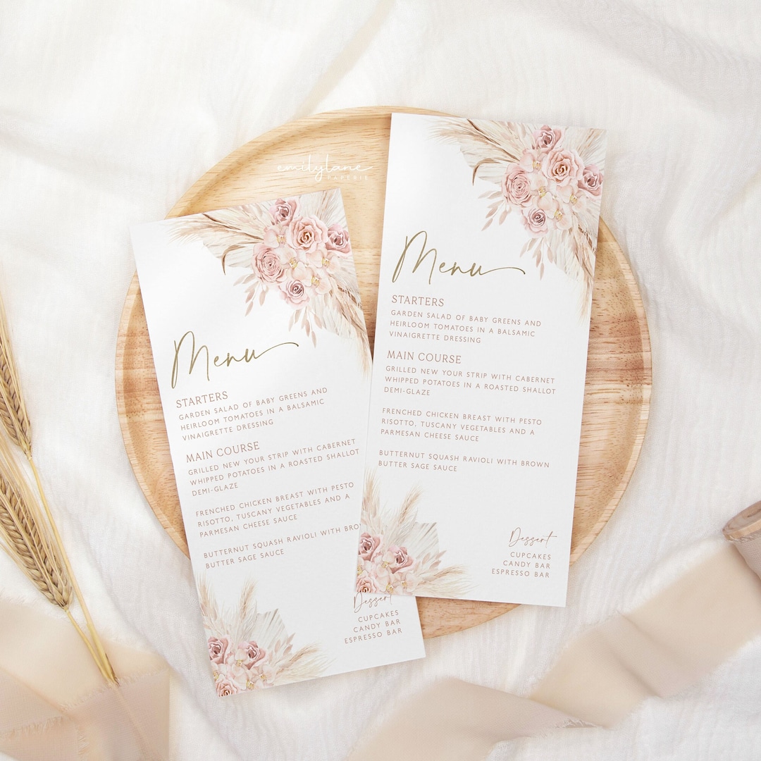 Pink Boho Floral Menu Template, Printable Bridal Shower Menu, Boho Menu ...