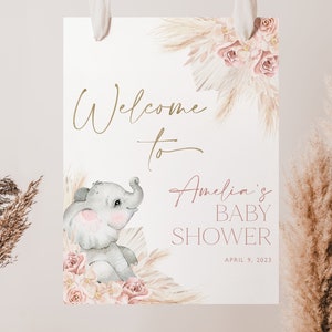 Elefant Boho-Babyparty-Willkommensschild, Rosa Elefant-Babyparty-Willkommensschild, Rosa Boho-Babyparty-Willkommensschild Printable, BBS55