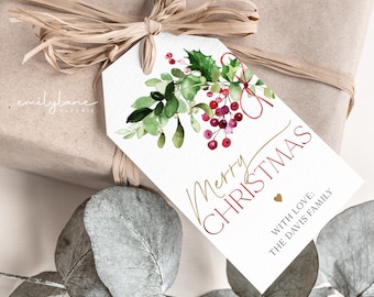 Etichette regalo di Natale, etichette bomboniere per feste di Natale, etichette bomboniere per le feste, etichette bomboniere modificabili, etichetta regalo per le feste, etichetta regalo di agrifoglio di Natale, CP03