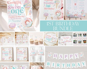 Sweet One 1st Birthday Invitation Bundle, Candy 1st Birthday Invitation, Girl 1st Birthday, 1st Birthday Decorations, Birthday Bundle, BD87