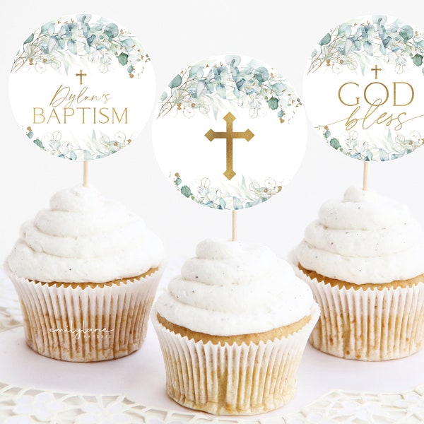 Baptism Cupcake Toppers, Christening Cupcake Toppers, Printable Eucalyptus Cupcake Topper, Editable Cupcake, Boy Baptism Decor Gold, BT3