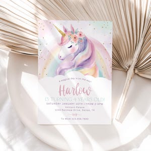 May include: A birthday invitation featuring a watercolor unicorn with a rainbow and floral crown. The invitation reads "Harlow is turning 4 years old!" with event details. The design includes gold glitter accents and a pastel color scheme.