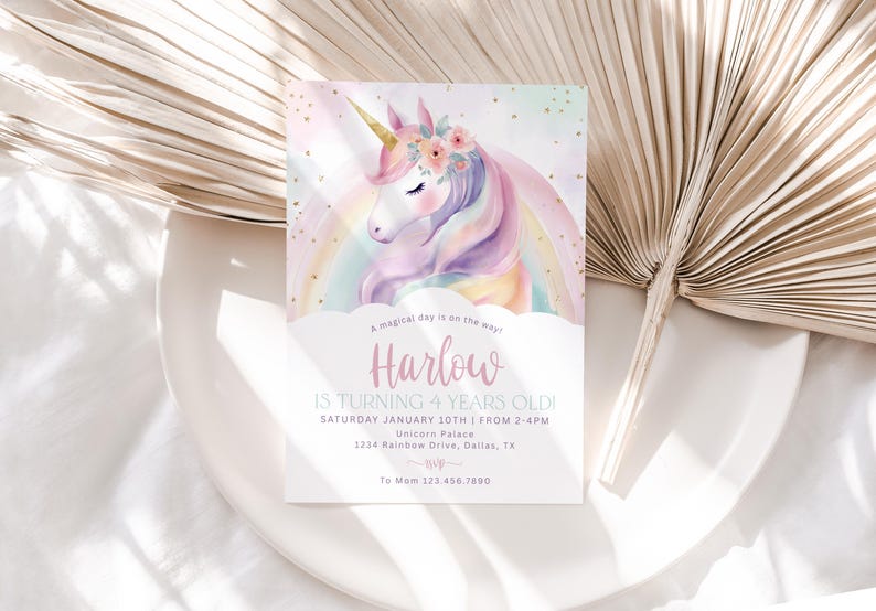 May include: A birthday invitation featuring a watercolor unicorn with a rainbow and floral crown. The invitation reads "Harlow is turning 4 years old!" with event details. The design includes gold glitter accents and a pastel color scheme.