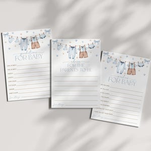 Conseils pour une fête prénatale, Prédictions pour une fête prénatale, Souhaits de fête prénatale, Shower de bébé avec corde à linge pour garçon, Shower de bébé bleu, Shower de bébé garçon, BBS119