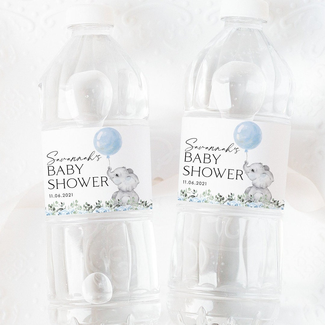 Elephant Water Bottle Label, Blue Baby Shower Water Label, Printable ...