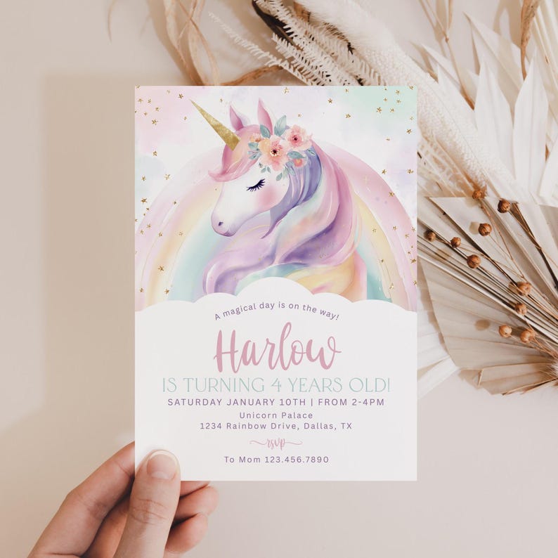 May include: A pastel-colored invitation featuring a unicorn with a rainbow mane and a golden horn. The invitation reads "Harlow is turning 4 years old!" with event details. The design includes floral accents and a whimsical font.