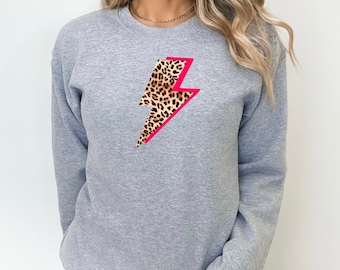 Lightning Bolt Sweatshirt, Neon Pink Lightning Bolt, Leopard Print Top, Flash Sweatshirt, 80s Clothing, Gifts for Her, Best Friend Gift