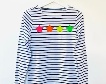Neon Rainbow Star Printed Tshirt, Long Sleeve Breton Stripe Top
