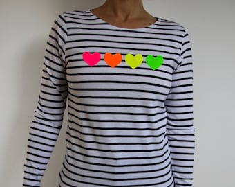 Neon Rainbow Heart Printed Tshirt, Long Sleeve Breton Stripe Top