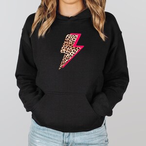 Leopard Print Lightning Flash Hoodie, Neon Pink Thunder Bolt Hooded Sweatshirt