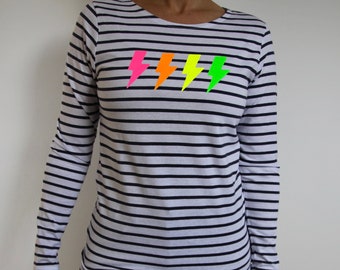 Neon Rainbow Lightning Printed Tshirt, Long Sleeve Breton Stripe Top