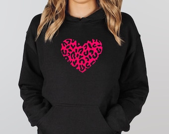 Animal Print Heart Hoodie, Neon Pink Leopard/Zebra Print Heart Hooded Sweatshirt