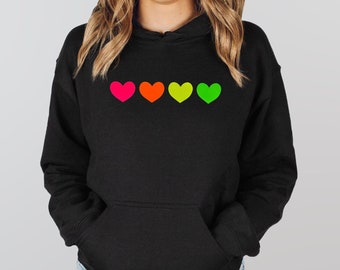 Neon Rainbow Hoodie, Heart Hoodie, Rainbow Heart Sweatshirt, Valentines Top, Girlfriend Gifts, Gifts for Her, Best Friend Gift