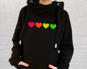 Neon Rainbow Hoodie, Heart Hoodie, Cowl Hoodie, Rainbow Heart Sweatshirt, Valentines Hoodie, Rainbow Top, Girlfriend Gifts, Gifts for Her