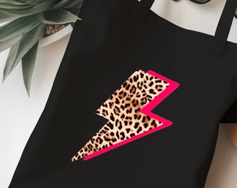 Leopard Print Lightning Flash Tote Bag, Cotton Neon Thunder Bolt Canvas Shopping Bag