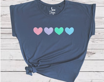 Pastel Hearts Tshirt, Rolled Sleeve, Relaxed Fit Rainbow Heart Top