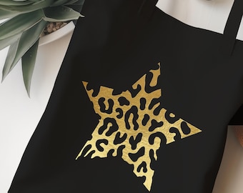 Neon Animal Print Star Tote Bag, Metallic Leopard / Zebra / Snake Print Cotton Canvas Shopping Bag