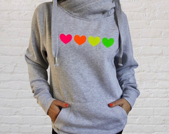 Neon Heart Cowl Neck Hoodie, Rainbow Heart Cross Neck Hooded Top