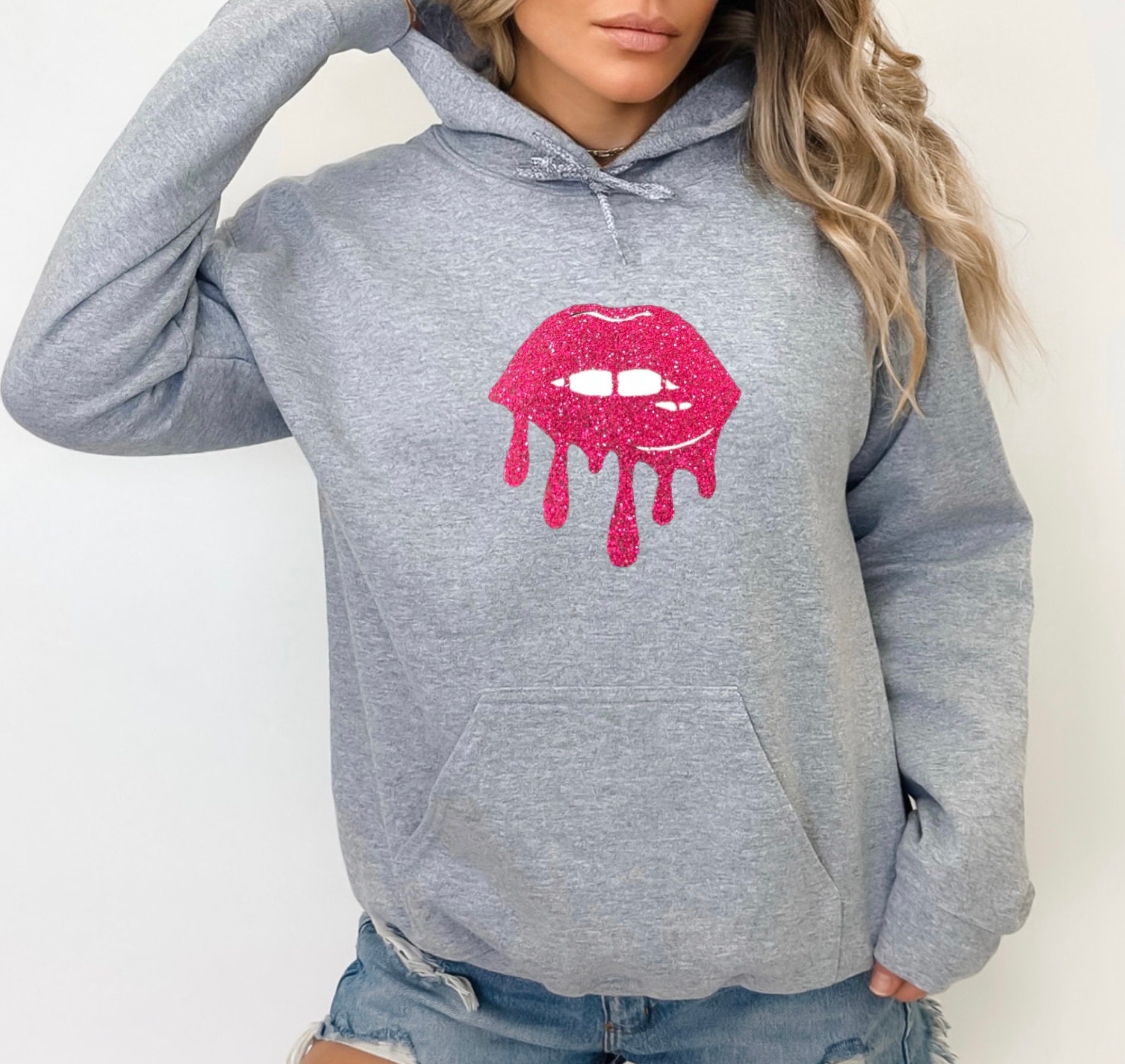 Dripping Lips Hoodie Glitter Lips Hoodie Lipstick Kiss Retro