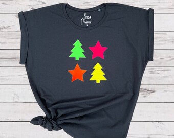 Neon Christmas Tree Tshirt, Neon Star Xmas Top