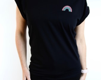 Pastel Rainbow Print T-shirt, Rolled Sleeve Cotton Top