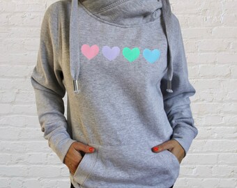 Pastel Heart Cowl Neck Hoodie, Rainbow Heart Cross Neck Hooded Top