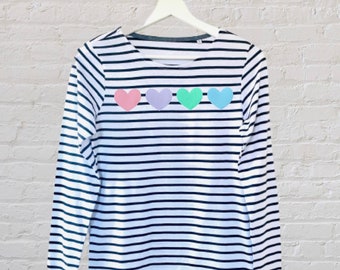 Pastel Rainbow Heart Printed Tshirt, Long Sleeve Breton Stripe Top