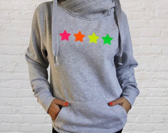 Neon Star Hoodie, Cowl Neck Rainbow Stars Hooded Top, Neon Star Cross Neck Jumper