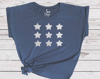 Neon / Metallic Stars Tshirt, Rolled Sleeve Graphic Cotton Top