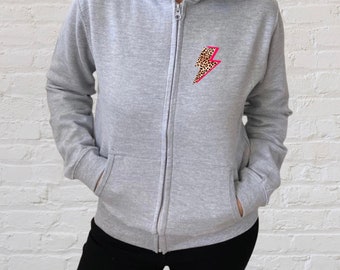 Leopard Print Lightning Flash Zip Up Hoodie, Neon Thunder Bolt Hooded Top
