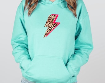 Neon Leopard Print Lightning Flash Hoodie, Neon Thunder Bolt Hooded Sweatshirt