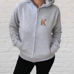 Initial Hoodie, Zip Up Hoodie, Leopard Print Top, Ladies Sweatshirt, Graphic Hoodies, Girlfriend Gifts, Gifts for Her, Best Friend Gift