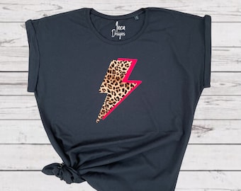 Lightning Bolt Tshirt, Neon Pink Lightning Bolt, Leopard Print Top, Flash Tshirt, Lightning Tee, 80s Clothes, Gift for Her, Best Friend Gift