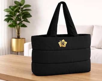 Quilted Beach Bag With Gold Tropical Hibiscus Flower Print, Padded Hawaii Aloha Tote / Shopping / Gym Bag