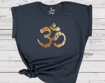 Metallic Print Distressed Om Sign Tshirt, Meditation / Spiritual Pilates Yoga Top