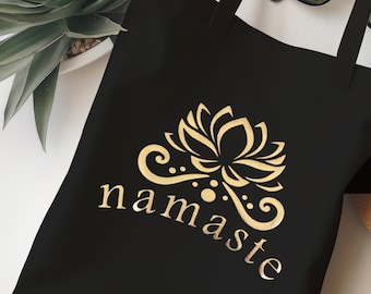 Namaste Lotus Flower Tote Bag, Cotton Yoga Pilates Gym Shopping Bag, Reusable Bag for Life