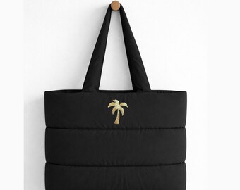 Quilted Beach Bag With Gold Tropical Palm Tree Print, Padded Aloha Tote / Shopping / Gym Bag