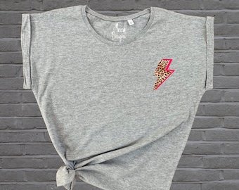 Leopard Print Lightning Bolt Tshirt, Neon Pink Thunder Bolt Flash Top